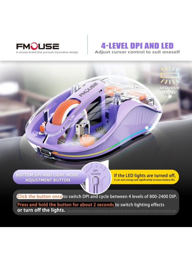 إف ماوس ماوس FMOUSE اللاسلكي الشفاف - ماوس بلوتوث صامت بمستقبل مزدوج USB و Type-C - ماوس محمول قابل للشحن للماك بوك، الآيباد واللابتوب - تصميم مريح وأنيق مخصص لليد الصغيرة - Image 4